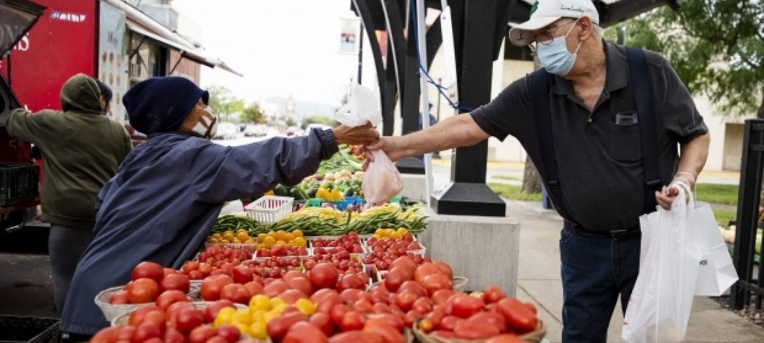 Woman purchasing tomatoes at farm stand